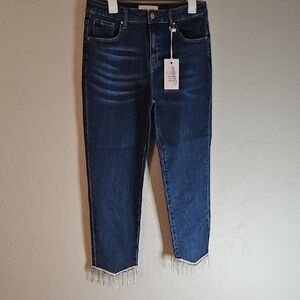 Elegant Dark Blue Cropped Jeans with Fringe Hem